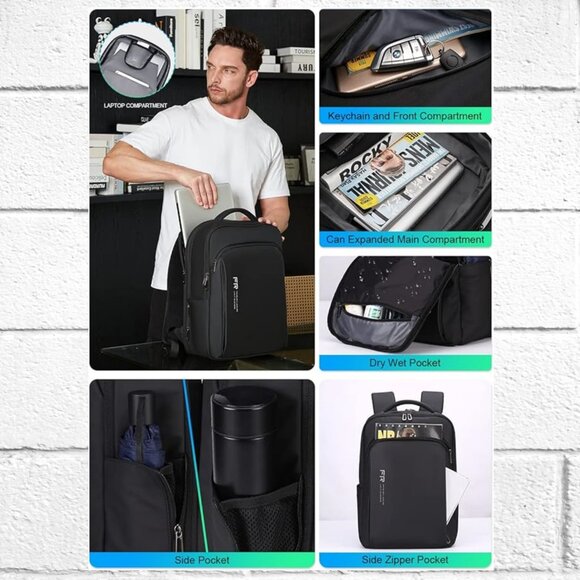 NWT! Fenruien Expandable Waterproof Laptop Backpack w/USB Cord & Luggage Strap - Picture 3 of 15